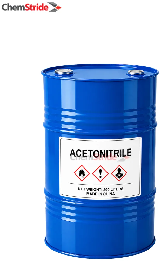 Acetonitrile packaging as supplied by ChemStride